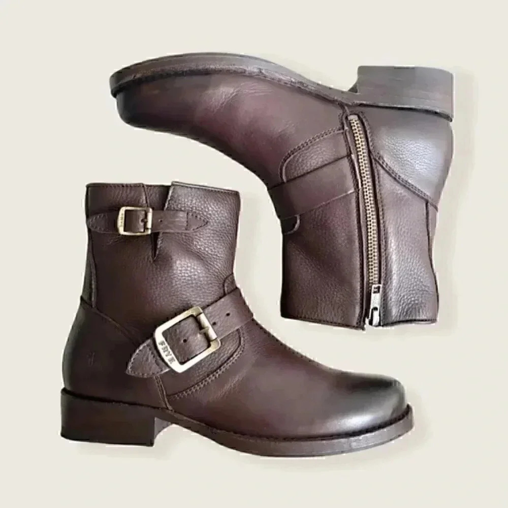 Frye Vicky Belt Buckle Leather Combat Ankle Boot - Picture 6 of 13
